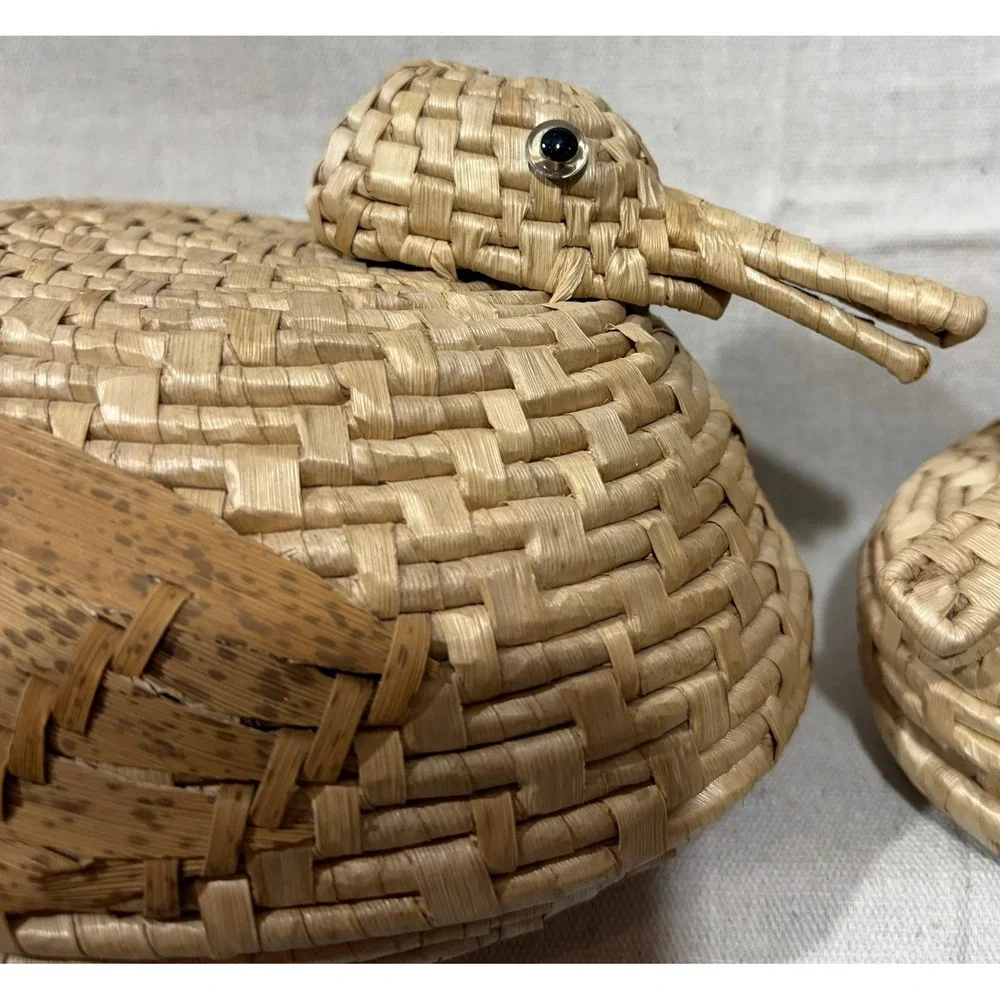 Vintage Woven Straw Duck Nesting Baskets Set of 2 Mallard Figurines with Lids